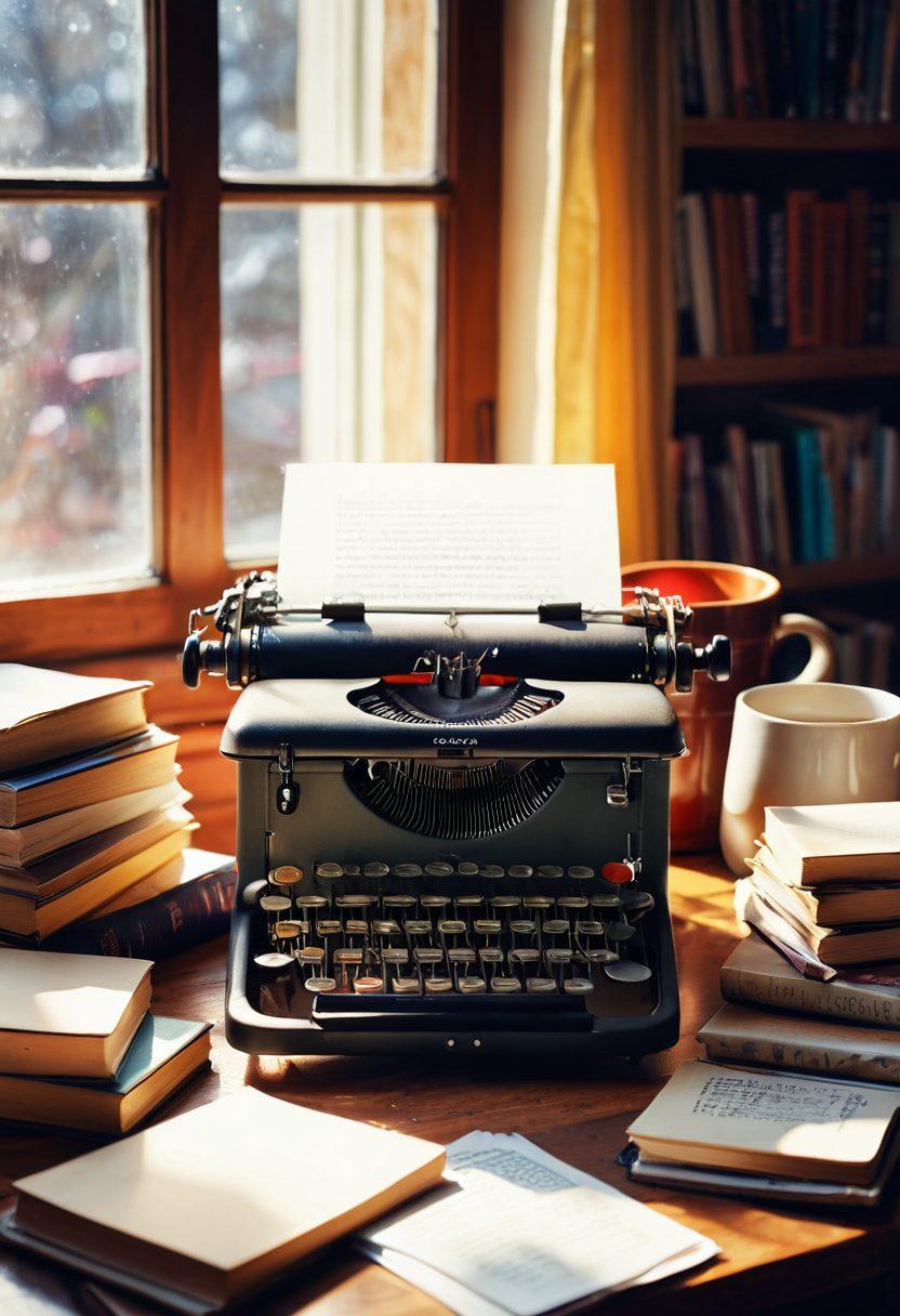 A vivid workspace filled with a vintage typewriter, scattered pages of handwritten notes, and colorful pens, surrounded by inspiring books on creative writing. A warm cup of coffee steaming beside it, sunlight filtering through a window casting a cozy glow. The background features a bookshelf overflowing with literary classics. vibrant colors. rustic style.