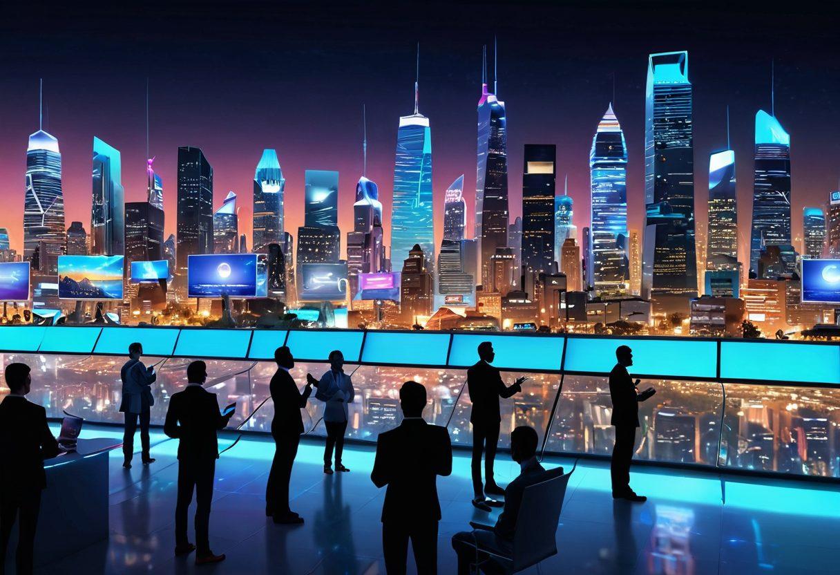 A futuristic tech landscape featuring sleek gadgets, glowing screens displaying technology reviews, and a diverse group of people engaged with devices, exuding excitement about innovation. Bright digital interfaces hover around, symbolizing online resources and connectivity, with a city skyline in the background reflecting a high-tech future. super-realistic. vibrant colors. 3D.