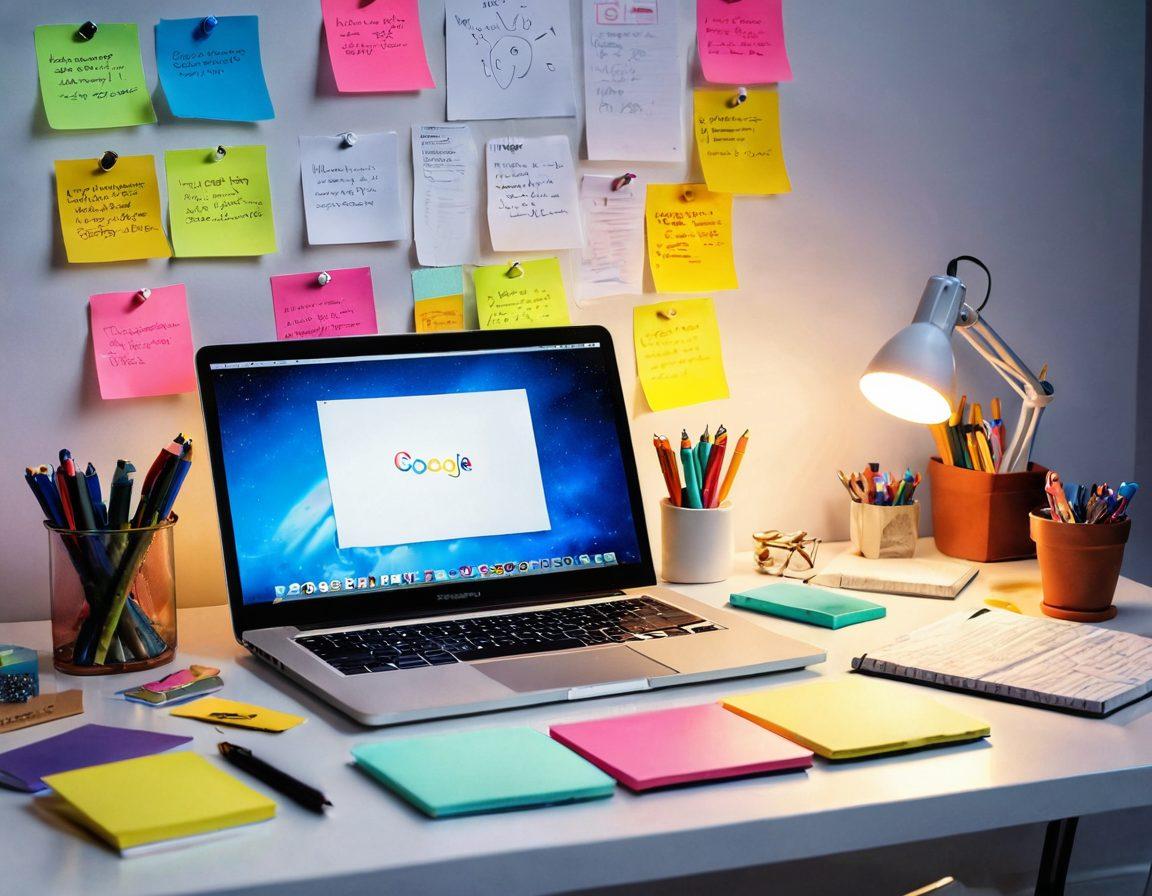 A futuristic desk scene featuring a glowing laptop, colorful sticky notes, and an assortment of creative tools like pens and sketchbooks. Surrounding the desk are ethereal light bulbs symbolizing ideas, and in the background, digital screens display various forms of blogging tools. The atmosphere is vibrant and inspiring, evoking a sense of innovation and creativity. super-realistic. vibrant colors. white background.